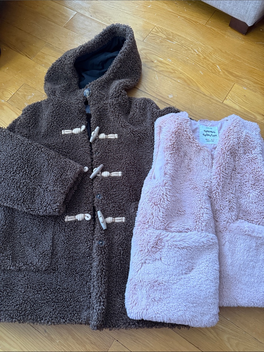 Bundle Zara Brown Hooded Sherpa Jacket & Pink Sherpa Vest Size 8/9